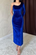 Saks Tek Omuzlu Taş Askılı Elbise - Görsel 3