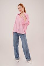 Yarasa Kol Çizgili Cep Detaylı Pembe Gömlek - Görsel 2