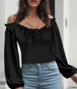 Kadın Uzun Kollu Kare Yaka Göğüs Büzgü Detay Sandy Bluz - Görsel 3