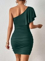 Kadın Tek Omuzu Açık Asimetrik Yaka Detaylı Büzgülü Sandy Elbise - Görsel 3