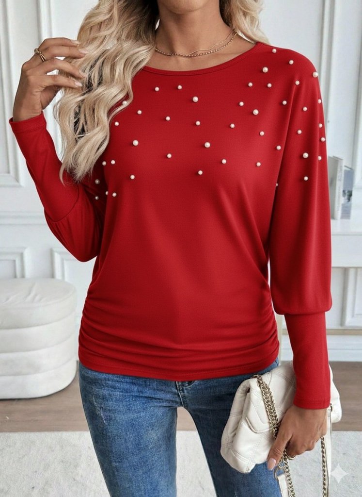 8a5955b4556b78a335c2 Kadın Uzun Kollu Yuvarlak Yaka Incili Viskon Bluz - Görsel 1