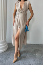 KRUVAZE VATKALI KOLSUZ ELBİSE MODAL KUMAŞ - Bej - Görsel 3