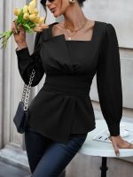 Kadın Uzun Kollu Geometrik Yakalı Belden Oturmalı Ithal Krep Bluz - Görsel 2