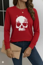 Kadın Uzun Kollu Bisiklet Yaka Kurukafa Desenli Viskon Bluz - Görsel 3