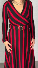 Kadın Uzun Kollu Kruvaze Yaka Kemer Dahil çizgili Triko Elbise - Görsel 3