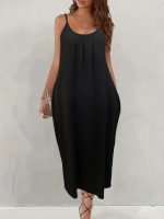 Kadın Ip Askılı Geniş V Yakalı Viskon Elbise - Görsel 3