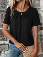 Kadın Kısa Kollu Yuvarlak Yaka önden Pileli Salaş Viskon Bluz - Görsel 3