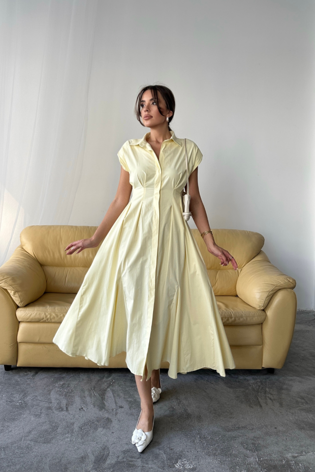 8b65542df3e6f564aa68 KOLSUZ VATKALI ÖNDEN DÜĞMELİBEL PENS DETAYLI POPLİN ELBİSE - Sarı - Görsel 1