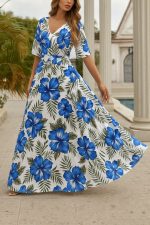 Kadın Kısa Kollu V Yakalı Desenli Süprem Elbise