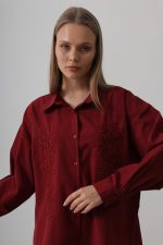 Boncuk Nakış Detaylı Uzun Gömlek - Bordo - Görsel 3