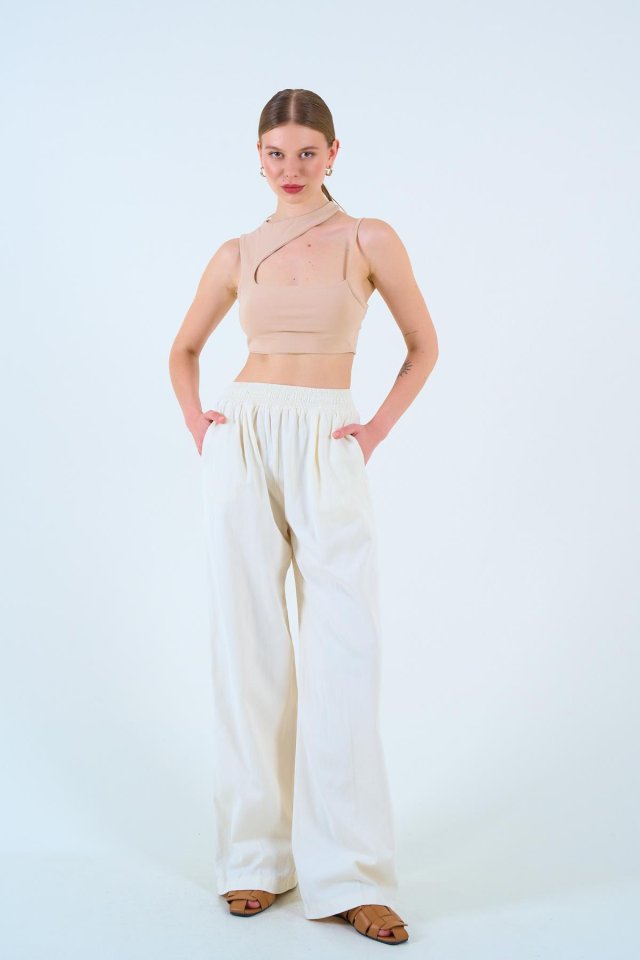 8bbf02533e9445cb404a Beli Lastikli Palazo Pantolon - Taş - Görsel 1