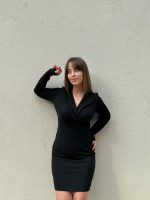 Kadın Uzun Kollu Kruvaze Yaka Krep Mini Boy Elbise - Görsel 3