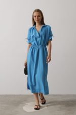 Beli Lastikli Elbise - Mavi - Görsel 2