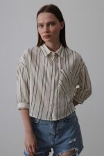 Çizgili Kısa Gömlek - Bej-Yeşil - Görsel 3