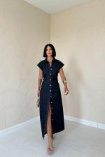 Mavi Kolsuz Vatkalı Elbise - Görsel 2