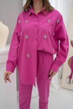 Fuşya Klasik Taşlı Keten Takım Takım - Görsel 3