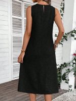 Kadın Kolsuz Bisiklet Yaka Cepli Midi Keten Elbise - Görsel 3