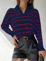 Kadın Uzun Kollu V Yaka çizgili Triko Bluz - Görsel 3