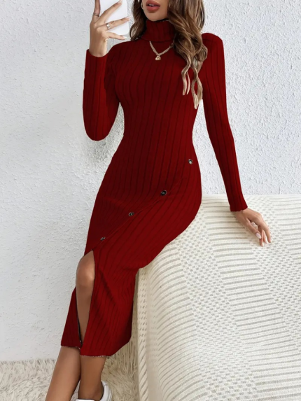 Kadın Uzun Kollu Balıkçı Yaka Yırtmaçlı Düğmeli şardonlu Kaşkorse Elbise