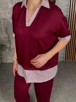 Kadın Modal Kumaş çizgili Gömlek Yaka Ikili Takım - Görsel 3