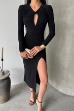 SANDY ELBİSE BÜZGÜ DETAYLI - Siyah - Görsel 3