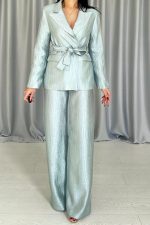 Mint Beli Kuşaklı Ceket Ve Pantolon Parlak Takım - Görsel 3