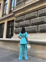 KISA KOL BAĞLAMA DETAYLI CEKET-PANTOLON TAKIM - Mavi - Görsel 2