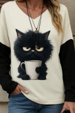 Kadın Uzun Kollu V Yakalı Kedi Baskılı şardonlu Dalgıç Bluz - Görsel 2