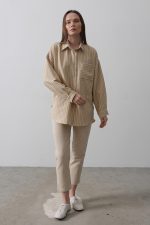 Çizgili Tek Cep Gömlek - Taş - Görsel 2