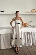 Bej Şerit Detay Keten Elbise - Görsel 2