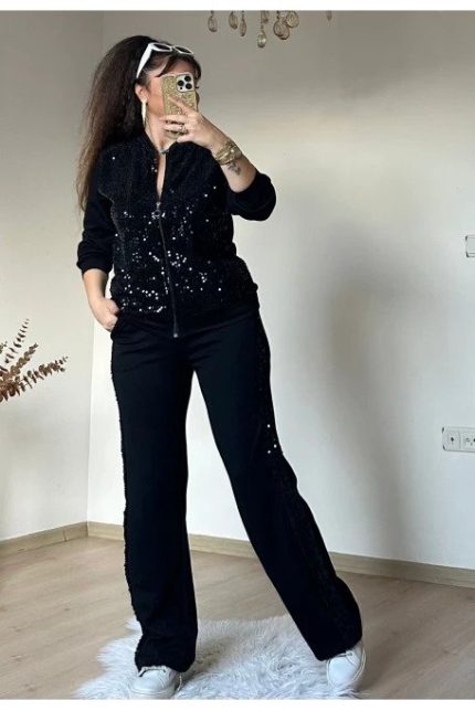 Kadın Uzun Kollu Pul Payet Detay Fermuarlı Iki Iplik Kumaş Ikili Takım