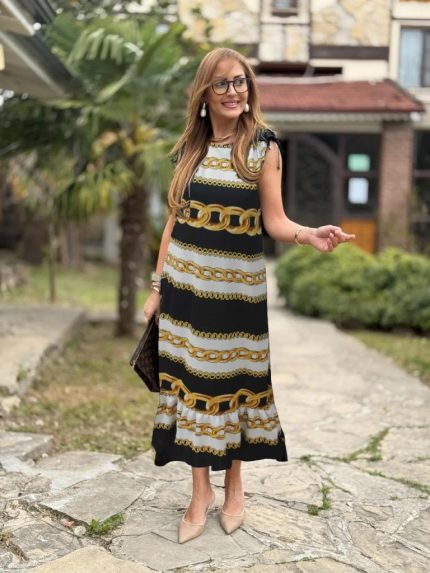 Kadın Omuzlardan Büzgülü Kayık Yaka Fırfırlı Janjan Krep Elbise