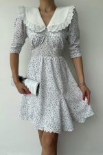 Beyaz Puantiyeli Önlük Yaka Elbise - Görsel 3