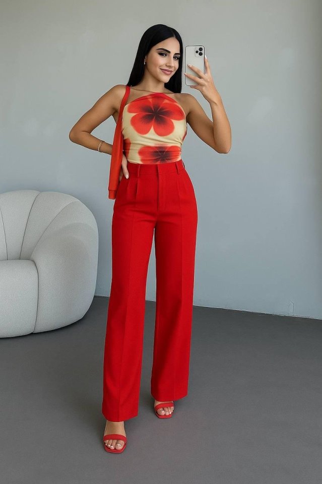 91e8de8d74642125fc250248031be9fc Kadın Yüksek Bel Plise Detay Bol Paça Pantolon - Görsel 1