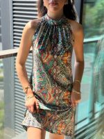 Kadın Kolsuz Boyundan Askılı Desenli Midi Süprem Elbise - Görsel 2