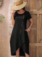 Kadın Kısa Kollu Bisiklet Yaka Düğme Detay Müslim Elbise - Görsel 3