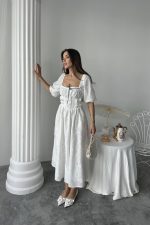 Beyaz Dantel Detaylı Brode Elbise - Görsel 3