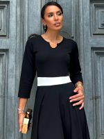 Kadın Truvakarkol Yakası Açık Blok Renkli Krep Midi Elbise - Görsel 3