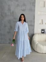 ÇİZGİLİ KETEN HAKİM YAKA DÜĞMELİ SALAŞ ELBİSE - Mavi