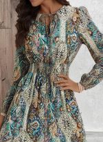 Kadın Uzun Kollu Uakadabağcıklı Beli Lastikli Desenli Uzun Süprem Elbise - Görsel 2