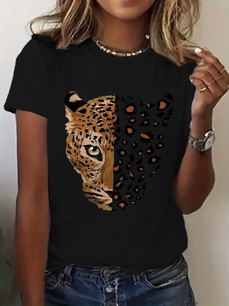 9403462871e2d857a11e Kadın Kısa Kollu Bisiklet Yaka Desenli Viskon Bluz - Görsel 1