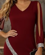 Kadın Uzun Kollu V Yakalı Pulpayetli Ithal Krep Elbise - Görsel 2