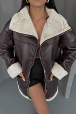 DERİ MONT KOL VE YAKA PELUŞ KAPAKSIZ CEP DETAYLI - Kahverengi - Görsel 2