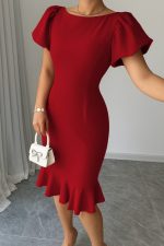 Kadın Kısa Kollu Yuvarlak Yaka Pileli Janjan Krep Elbise - Görsel 2