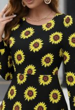 Kadın Uzun Kollu Bisiklet Yaka Desenli Kısa Krep Elbise - Görsel 2