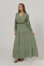 Önü Yarım Düğmeli Uzun Kol Kemerli Elbise - Haki - Görsel 2