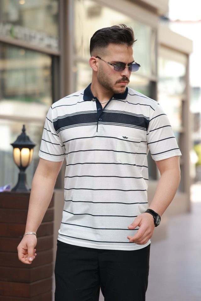 951e29961f8325a8b00de28d30cc4e4d Erkek Yakalı çizgili Kısa Kollu T-shirt - Görsel 1