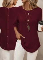 Kadın Uzun Kollu Yuvarlak Yaka Arkadan Düğmeli Waffle Bluz - Görsel 3