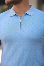 Erkek Fermuar Yakalı Baklava Desen Kısa Kollu Gömlek - Görsel 3