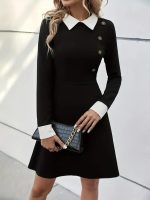 Kadın Uzun Kollu Yakalı Düğmeli Kısa Modal Mini Elbise - Görsel 2